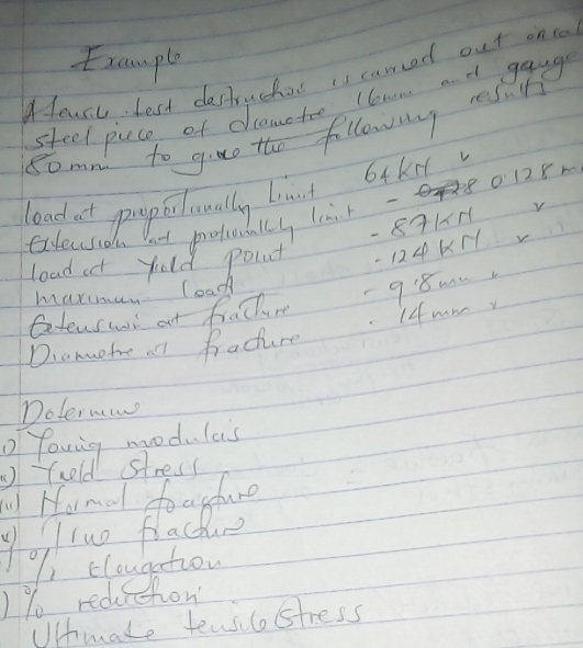 Example 
Hourl. Lest dastuchor is cared out once 
steel puce of dametre llonn ad gange 
Somm to gine the followag resut
801281
load at puoperuually binst btkey
- 8A1×11 v 
ateusio at protieially lint 
load at yoold polt - 124K/ 
maximan load
-98mm
Gtenswi at frathure 
Diametre at frature (4mm
Doterne 
Yovig moduleis 
old strest 
w Harmal foagure 
) % redicction 
UHmake tewilostress