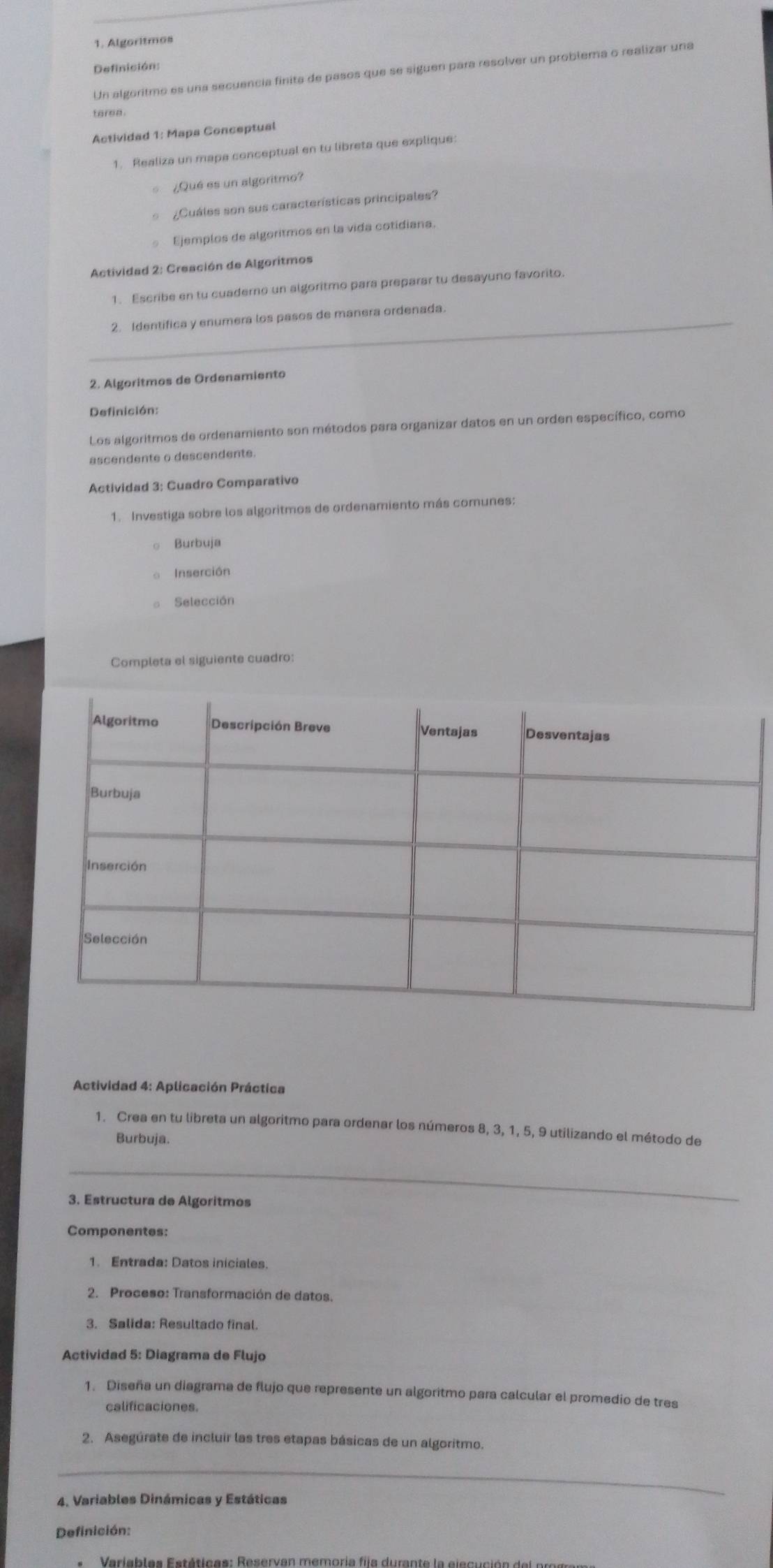 Algoritmos
Definición:
Un algoritmo es una secuencia finita de pasos que se siguen para resolver un problema o realizar una
tarea.
Actividad 1: Mapa Conceptual
1. Realiza un mapa conceptual en tu libreta que explique:
¿Qué es un algoritmo?
¿Cuáles son sus características principales?
Ejemplos de algoritmos en la vida cotidiana.
Actividad 2: Creación de Algoritmos
1. Escribe en tu cuaderno un algoritmo para preparar tu desayuno favorito.
_2. Identifica y enumera los pasos de manera ordenada.
2. Algoritmos de Ordenamiento
Definición:
Los algoritmos de ordenamiento son métodos para organizar datos en un orden específico, como
ascendente o descendente.
Actividad 3: Cuadro Comparativo
1. Investiga sobre los algoritmos de ordenamiento más comunes:
Burbuja
Inserción
Selección
Completa el siguiente cuadro:
Actividad 4: Aplicación Práctica
1. Crea en tu libreta un algoritmo para ordenar los números 8, 3, 1, 5, 9 utilizando el método de
Burbuja.
_
3. Estructura de Algoritmos
Componentes:
1. Entrada: Datos iniciales.
2. Proceso: Transformación de datos.
3. Salida: Resultado final.
Actividad 5: Diagrama de Flujo
1. Diseña un diagrama de flujo que represente un algoritmo para calcular el promedio de tres
calificaciones.
2. Asegúrate de incluir las tres etapas básicas de un algoritmo.
_
4. Variables Dinámicas y Estáticas
Definición:
Veriab l as Estéticas : Reservan memoria fila duran te la  e l ecuci ó n  d