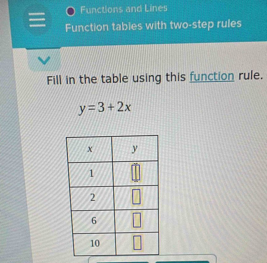 Functions and Lines
Function tables with two-step rules
Fill in the table using this function rule.
y=3+2x