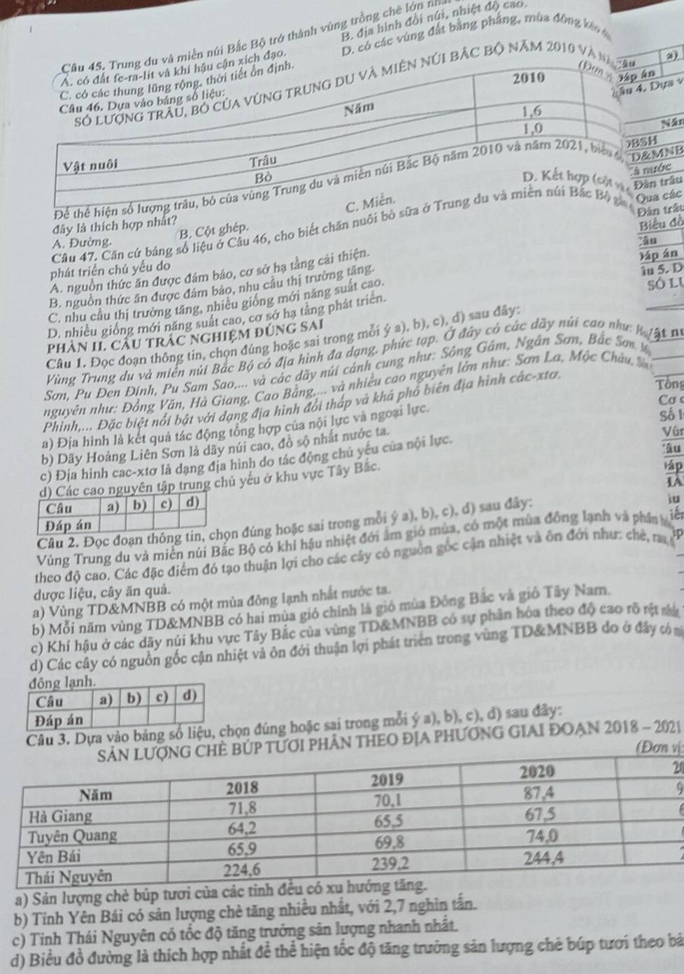 B. địa hình đổi núi, nhiệt độ cao.
n núi Bắc Bộ trở thành vùng trồng chê lớn nụ
o. D. có các vùng đất bằng phẳng, mùa đông k áo 
ựa v
ắc bộ năm 2010 Và 
Năn
ớc
NB
trâu
Câu 47. Cần cứ bảng số liệu ở Câu 46, cho biết chăn nuôi b các
đây là thích hợp nhất?
B. Cột ghép.
A. Đường.
A. nguồn thức ăn được đám bảo, cơ sở hạ tầng cải thiện. Biểu đồ  trâu
phát triển chú yếu do
B. nguồn thức ăn được đảm bảo, nhu cầu thị trường tăng âu
só lu
C. nhu cầu thị trường tăng, nhiều giống mới năng suất cao. )ập án lu 5. D
D. nhiều giống mới năng suát cao, cơ sở hạ tảng phát triển.
PhÀN II. CAU TRAC NGHiệM đÚNG SAI
Câu 1. Đọc đoạn thông tin, chọn đúng hoặc sai trong mỗi ý a), b), c), d) sau đây:
Vùng Trung du và miền núi Bắc Bộ có địa hình đa dạng, phức tạp. Ở đây có các dây núi cao như h tật 9
Sơn, Pu Đen Định, Pu Sam Sao,... và các dãy núi cảnh cung như: Sông Gám, Ngân Sơn, Bắc Sơn ư
Tôn
nguyên như: Đồng Văn, Hà Giang, Cao Bằng,... và nhiều cao nguyên lớn như: Sơn La, Mộc Châu, 
Cơ c
Phinh,... Đặc biệi nổi bật với dạng địa hình đổi thấp và khá phổ biên địa hình các-xtơ.
a) Địa hình là kết quả tác động tổng hợp của nội lực và ngoại lực.
Số 1
b) Dãy Hoàng Liên Sơn là dãy núi cao, đồ sộ nhất nước ta.
Vậr
c) Địa hình cac-xtơ là dạng địa hình do tác động chủ yếu của nội lực.
)áp
ao nguyên tập trung chủ yếu ở khu vực Tây Bắc. 'âu
IA
Câu 2. Đọc đoạn thông tin, ọn đúng hoặc sai trong mỗi ý a), b), c), đ) sau đây:
iu
Vùng Trung du và miền núi Bắc Bộ có khi hậu nhiệt đới âm gió mùa, có một mùa đồng lạnh và phân h iến
theo độ cao. Các đặc điểm đó tạo thuận lợi cho các cây có nguồn gốc cận nhiệt và ôn đới như: chế, m
dược liệu, cây ăn quả.
a) Vùng TD&MNBB có một mùa đông lạnh nhất nước ta.
b) Mỗi năm vùng TD&MNBB có hai mùa gió chính là gió mùa Đông Bắc và giố Tây Nam.
c) Khí hậu ở các dãy núi khu vực Tây Bắc của vùng TD&MNBB có sự phần hóa theo độ cao rõ rệt nà
d) Các cây có nguồn gốc cận nhiệt và ôn đới thuận lợi phát triển trong vùng TD&MNBB đo ở đây có m
Câu 3. Dựa vào bảng số liệu,họn đúng hoặc sai trong mỗi ý a), b), c), d) sau đây:
TƯơI PHÂN THEO ĐỊA PHƯơNG GIAI ĐOẠN 2018 - 2021
(Đơn vị:
0
9
a) Sản lượng chè búp tươi của các tin
b) Tỉnh Yên Bái có sản lượng chè tăng nhiều nhất, với 2,7 nghìn tấn.
c) Tinh Thái Nguyên có tốc độ tăng trưởng sản lượng nhanh nhất.
d) Biểu đồ đường là thích hợp nhất để thể hiện tốc độ tăng trưởng sản lượng chè búp tưới theo bá