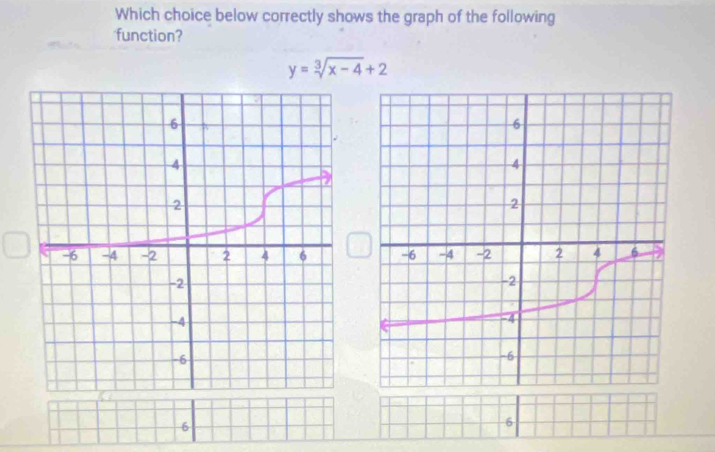 Which choice below correctly shows the graph of the following
function?
y=sqrt[3](x-4)+2

6
6