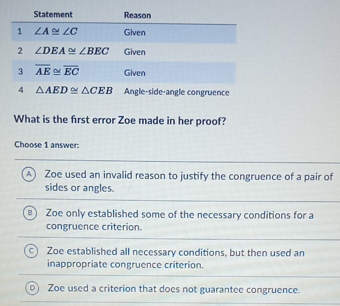 What is the frst error Zoe made in her proof?
Choose 1 answer:
A) Zoe used an invalid reason to justify the congruence of a pair of
sides or angles.
B Zoe only established some of the necessary conditions for a
congruence criterion.
Zoe established all necessary conditions, but then used an
inappropriate congruence criterion.
Zoe used a criterion that does not guarantee congruence.