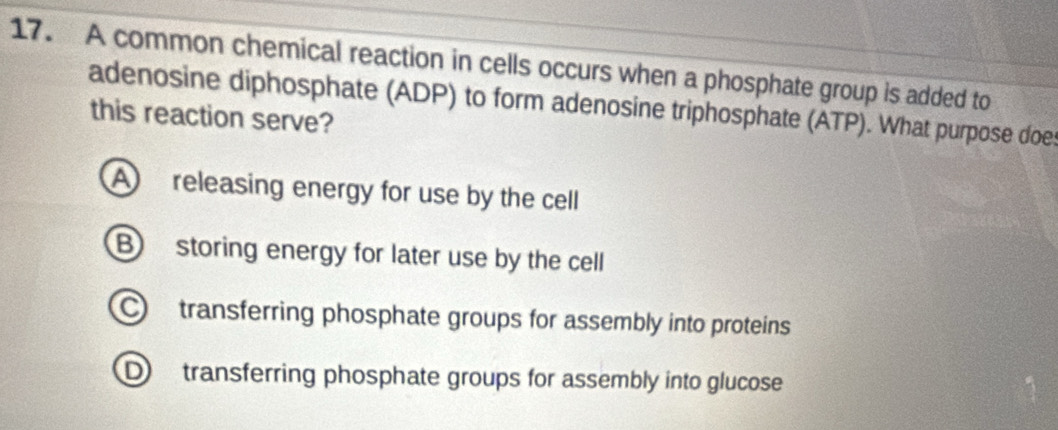 A common chemical reaction in cells occurs when a phosphate group is added to
adenosine diphosphate (ADP) to form adenosine triphosphate (ATP). What purpose doe
this reaction serve?
A releasing energy for use by the cell
B storing energy for later use by the cell
C transferring phosphate groups for assembly into proteins
D transferring phosphate groups for assembly into glucose