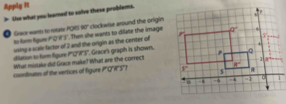 Apply It
Use what you learned to solve these problems.
O Grace wants to rotate POR5 90° clockwise around the origin
to form figure P'Q'R'S'. Then she wants to dilate the image
using a scale factor of 2 and the origin as the center of 
dilation to form figure P ''Q'R'''. Grace's graph is shown.
What mistake did Grace make? What are the correct
coordinates of the vertices of figure P'Q' 3^2 57