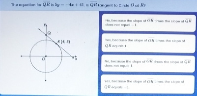 The equation for overline QR is 5y=-4x+41. is overline QR tangent to Circle O at R?
does not equal --1 No, because the slope of OR times the slope of QR
res, because the slape of overline OR times the slope of
QR equals 1
No, because the slope of overline OR times the slope of QR
does not equal I
Yes, because the slope of OR times the slape of
Q R equals - 1