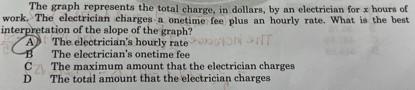 The graph represents the total charge, in dollars, by an electrician for x hours of
work. The electrician charges a onetime fee plus an hourly rate. What is the best
interpretation of the slope of the graph?
A) The electrician's hourly rate
B The electrician’s onetime fee
C The maximum amount that the electrician charges
D The total amount that the electrician charges