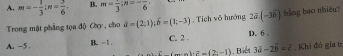 A. m=- 1/3 ; n= 3/6 . B. m=frac 3; n=-frac 6
Trong mặt phẳng tọa độ Oy , cho vector a=(2;1); vector b=(1;-3) , Tích vô hướng 2a(-36) bing bao nhiêu?
A. -5. B. -1. C. 2. D. 6
(_ )(_ )· (2-1) . Baểt 3d-2b=c. Khi đó gia t