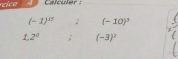 rcice 4 Calculer :_ 
_ 
_
(-1)^15; (-10)^3
1,2^o; (-3)^2