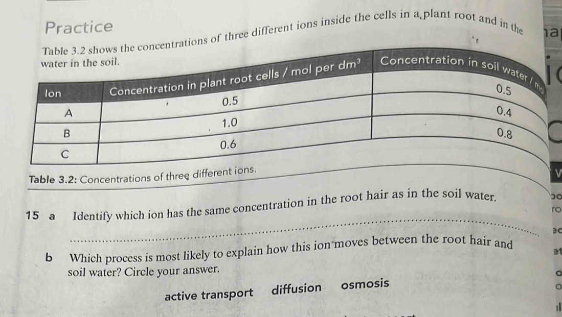 Practice
of three different ions inside the cells in a plant root and in the
1a
Table 3.2: Concentrations 
V
_
15 a Identify which ion has the same concentration in the root hair as in the soil water.
ro
20
b Which process is most likely to explain how this ion moves between the root hair and
Bt
soil water? Circle your answer.
active transport diffusion osmosis