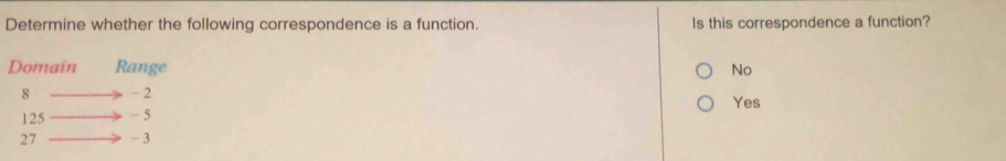 Determine whether the following correspondence is a function. Is this correspondence a function?
Domain Range No
8 - 2 Yes
125 -5
27 - 3