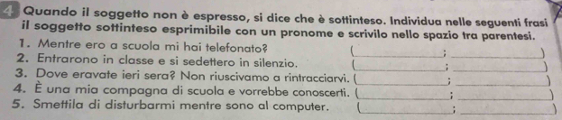 Quando il soggetto non è espresso, si dice che è sottinteso. Individua nelle seguenti frasi 
il soggetto sottinteso esprimibile con un pronome e scrivilo nello spazio tra parentesi. 
1. Mentre ero a scuola mi hai telefonato? ;_ 
_ 
_ 
2. Entrarono in classe e si sedettero in silenzio. _ 
3. Dove eravate ieri sera? Non riuscivamo a rintracciarvi. (_ ;_ 
_ 
4. È una mia compagna di scuola e vorrebbe conoscerti. ( 
_ 
5. Smettila di disturbarmi mentre sono al computer. __