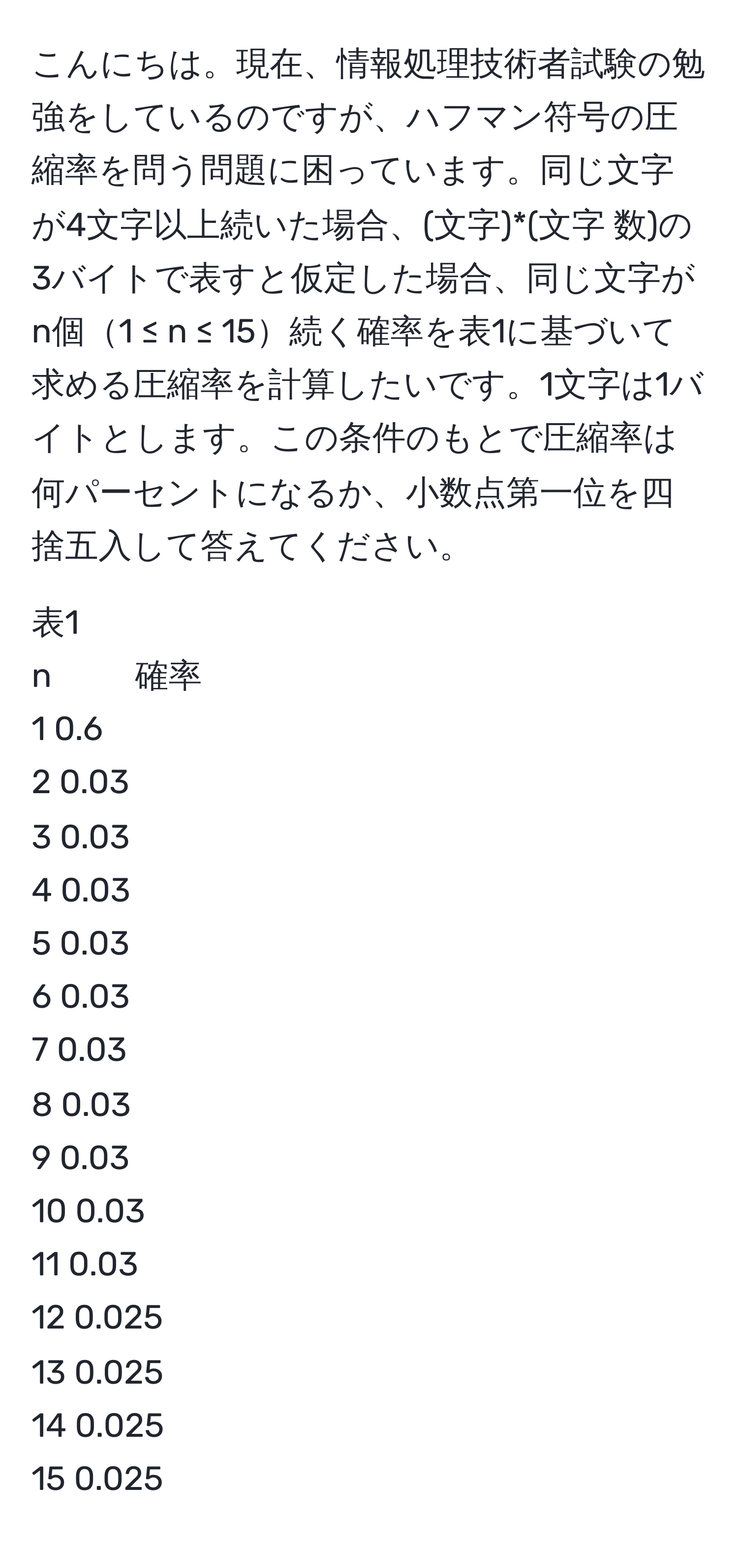 こんにちは。現在、情報処理技術者試験の勉強をしているのですが、ハフマン符号の圧縮率を問う問題に困っています。同じ文字が4文字以上続いた場合、(文字)*(文字 数)の3バイトで表すと仮定した場合、同じ文字がn個1 ≤ n ≤ 15続く確率を表1に基づいて求める圧縮率を計算したいです。1文字は1バイトとします。この条件のもとで圧縮率は何パーセントになるか、小数点第一位を四捨五入して答えてください。

表1  
n 　　 確率  
1         0.6  
2         0.03  
3         0.03  
4         0.03  
5         0.03  
6         0.03  
7         0.03  
8         0.03  
9         0.03  
10        0.03  
11        0.03  
12        0.025  
13        0.025  
14        0.025  
15        0.025