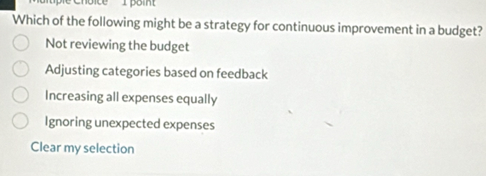 Which of the following might be a strategy for continuous improvement in a budget?
Not reviewing the budget
Adjusting categories based on feedback
Increasing all expenses equally
Ignoring unexpected expenses
Clear my selection