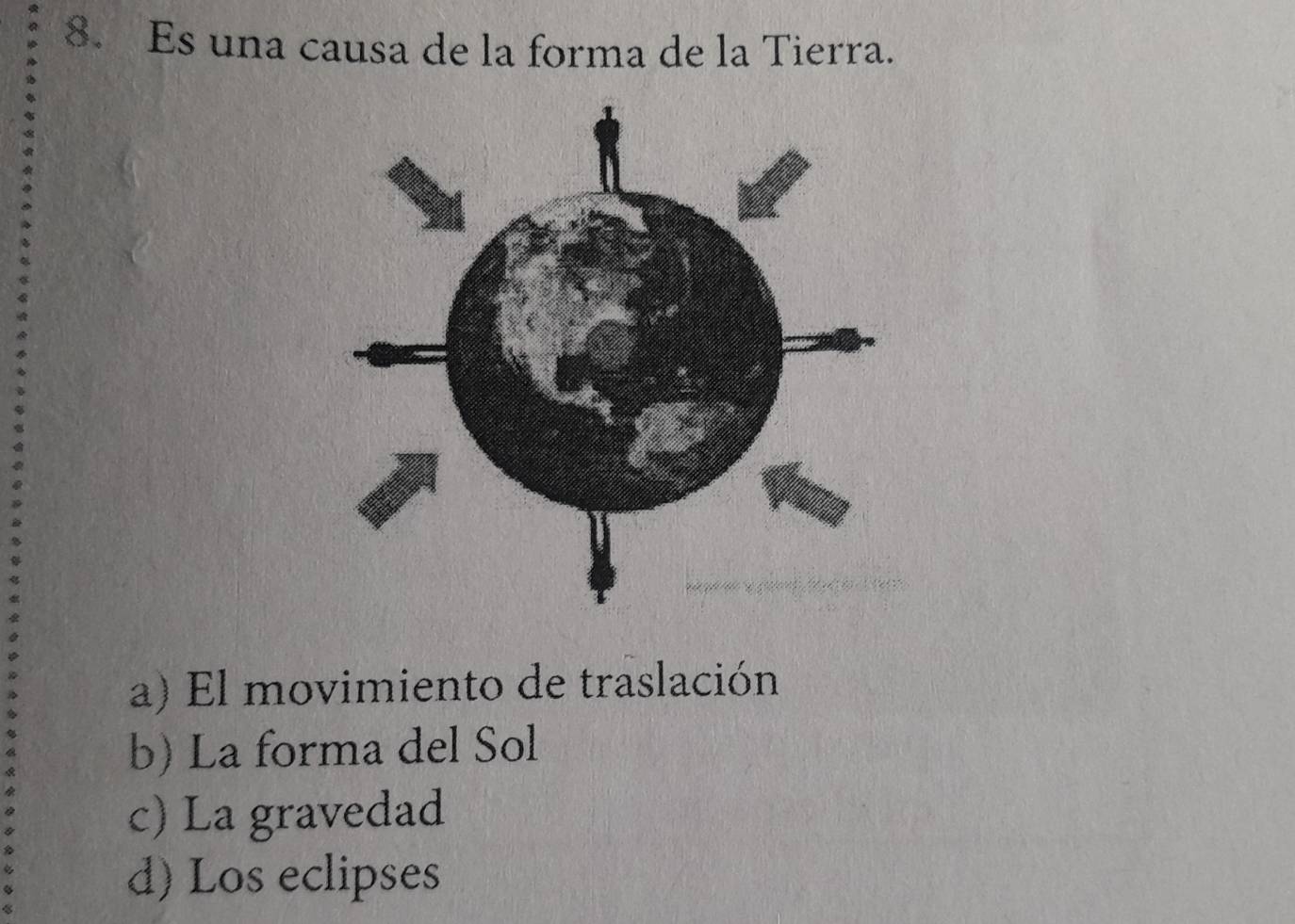 Es una causa de la forma de la Tierra.
a) El movimiento de traslación
b) La forma del Sol
c) La gravedad
d) Los eclipses