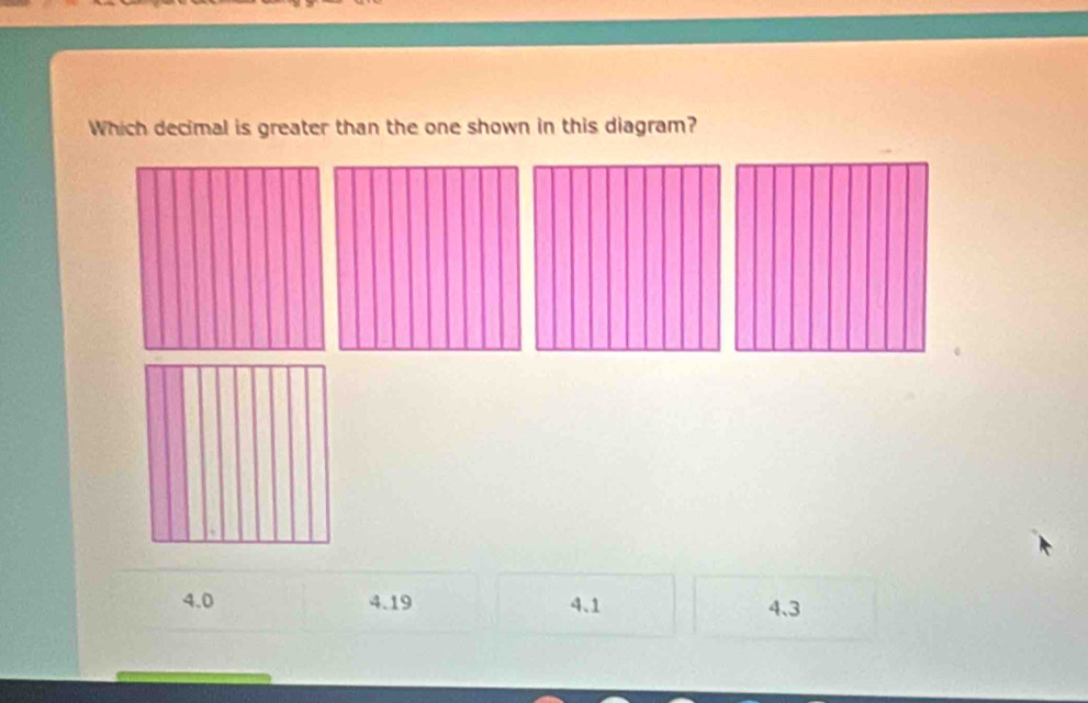 Which decimal is greater than the one shown in this diagram?
4.0 4.19 4.1 4、3