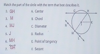 Match the part of the circle with the term that best describes it
2. G. H A Center 
3. M a Chord
< MJ C Diameter 
s. J D. Radius 
6、 MH E. Point of tangency
overleftrightarrow GH 
7. F. Secant