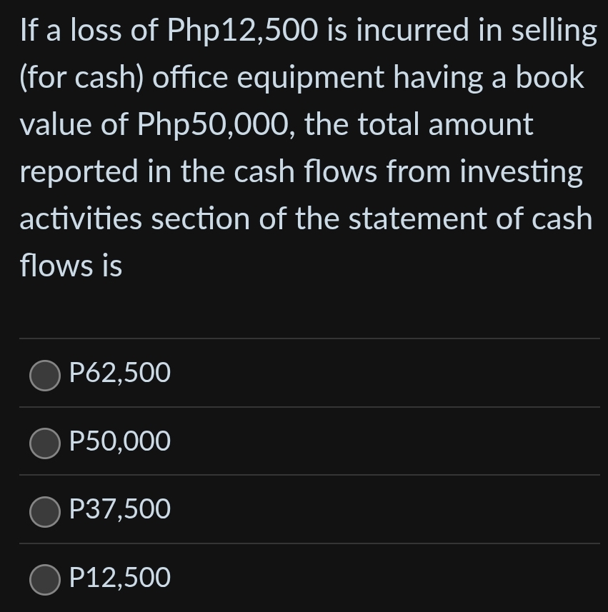 If a loss of Php12,500 is incurred in selling
(for cash) office equipment having a book
value of Php50,000, the total amount
reported in the cash flows from investing
activities section of the statement of cash
flows is
P62,500
P50,000
P37,500
P12,500