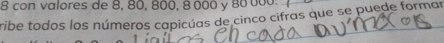 con valores de 8, 80, 800, 8 000 y 80 000 : 
ribe todos los números capicúas de cinco cifras que se puede formar