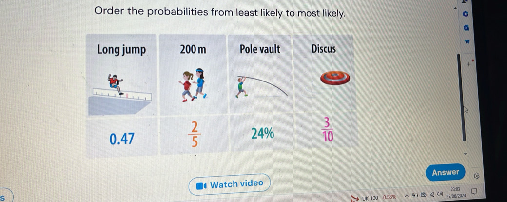 Order the probabilities from least likely to most likely.
Answer
Watch video
23:03
s UK 100
25/06/2024