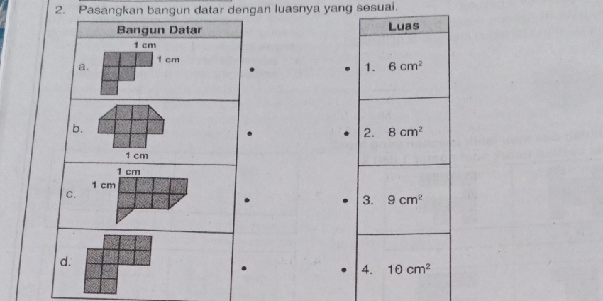 Pasangkan bangun datar dengan luasnya yang sesuai. 
Luas 
1. 6cm^2
2. 8cm^2
3. 9cm^2
4. 10cm^2