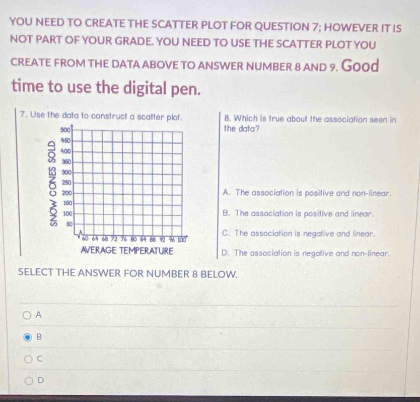 YOU NEED TO CREATE THE SCATTER PLOT FOR QUESTION 7; HOWEVER IT IS
NOT PART OF YOUR GRADE. YOU NEED TO USE THE SCATTER PLOT YOU
crEaTe from the data above to answer number 8 and 9. Good
time to use the digital pen.
7. Use the data to construct a scatter plot. 8. Which is true about the association seen in
500 the data?
450
400
350
300
6 200
250
A. The association is positive and non-linear.
150
100 B. The association is positive and linear.
50
60 64 68 72 76 80 84 88 92 % 100° C. The association is negative and linear.
AVERAGE TEMPERATURE D. The association is negative and non-linear.
SELECT THE ANSWER FOR NUMBER 8 BELOW.
A
B
C
D