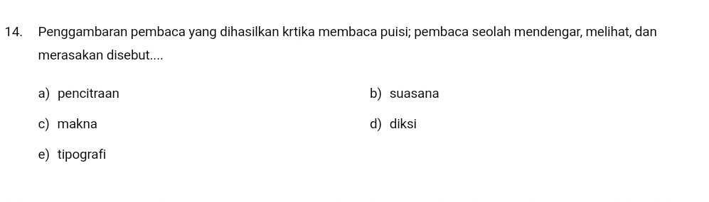 Penggambaran pembaca yang dihasilkan krtika membaca puisi; pembaca seolah mendengar, melihat, dan
merasakan disebut....
a) pencitraan b) suasana
c)makna d) diksi
e) tipografi