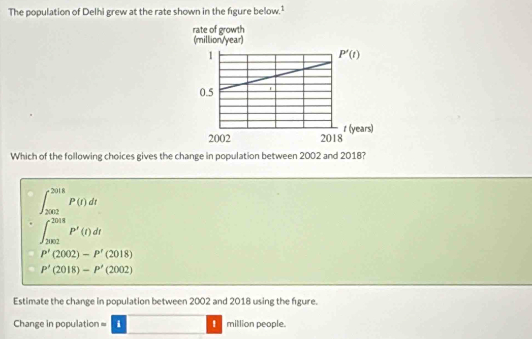 The population of Delhi grew at the rate shown in the figure below.¹
Which of the following choices gives the change in population between 2002 and 2018?
∈t _(2002)^(2018)P(t)dt
∈t _(2002)^(2018)P'(t)dt
P'(2002)-P'(2018)
P'(2018)-P'(2002)
Estimate the change in population between 2002 and 2018 using the fgure.
Change in population =□! million people.