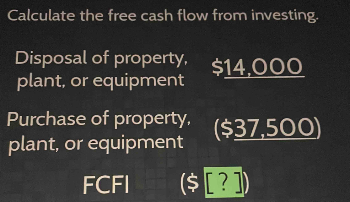 Calculate the free cash flow from investing. 
Disposal of property, $14,000
plant, or equipment 
Purchase of property, ($37,500) 
plant, or equipment 
FCFI ($ [ ？ ])