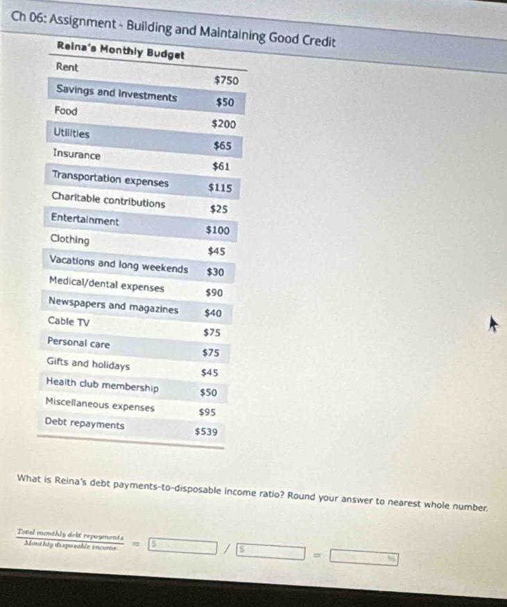 Ch 06: Assignment - Building ning Good Credit 
What is Reina's debt payments-to-disposable income ratio? Round your answer to nearest whole number,
 TotalmontNideldrepuyments/Monthigduspusableincome =□ /boxed s=□