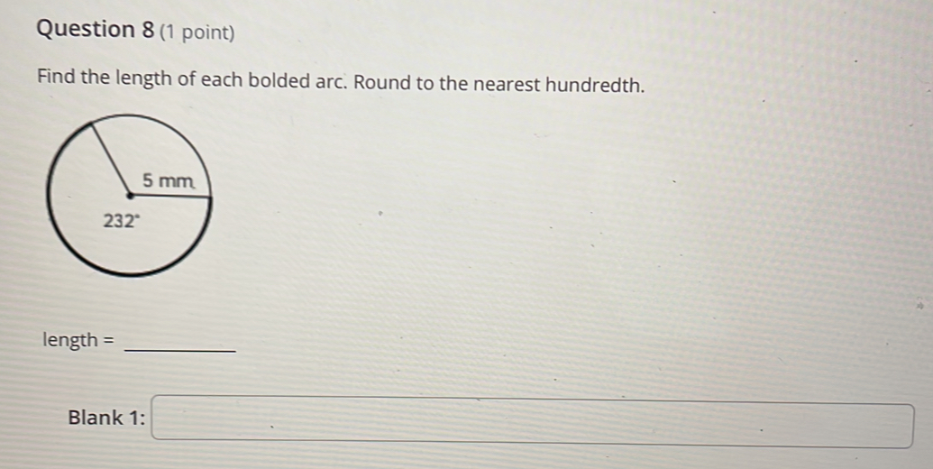 Find the length of each bolded arc. Round to the nearest hundredth.
length =_
Blank 1: □ , x_□ 