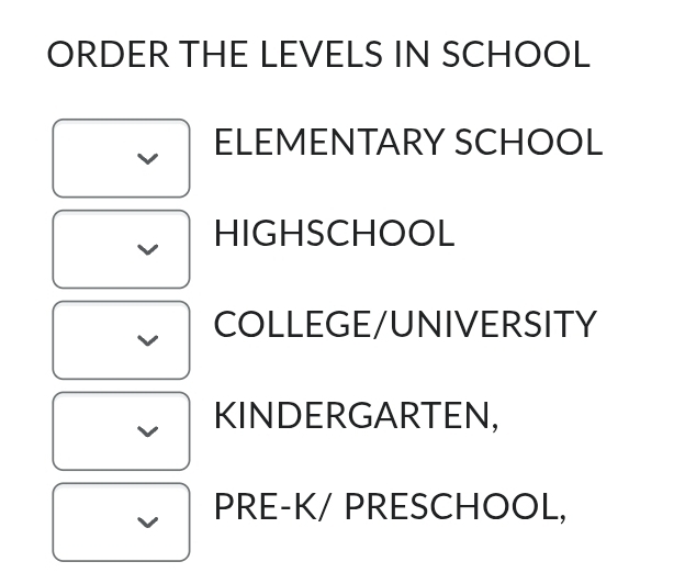 ORDER THE LEVELS IN SCHOOL
ELEMENTARY SCHOOL
HIGHSCHOOL
COLLEGE/UNIVERSITY
KINDERGARTEN,
PRE-K/ PRESCHOOL,