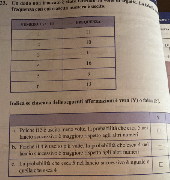 Un dado non truccato é stato lanciato 7o voite di seguito. La tabella 
frequenza con cui ciascun numero è uscito. 
sare 
serva 
D 
J 
Indica se ciascuna delle seguenti affermazioni è vera (V) o falsa (F).