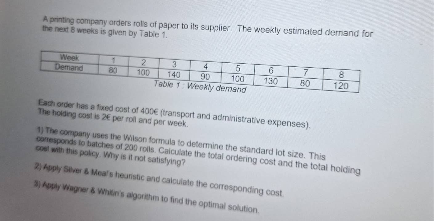 A printing company orders rolls of paper to its supplier. The weekly estimated demand for 
the next 8 weeks is given by Table 1. 
Each order has a fixed cost of 400€ (transport and administrative expenses). 
The holding cost is 2€ per roll and per week. 
1) The company uses the Wilson formula to determine the standard lot size. This 
corresponds to batches of 200 rolls. Calculate the total ordering cost and the total holding 
cost with this policy. Why is it not satisfying? 
2) Apply Silver & Meal's heuristic and calculate the corresponding cost. 
3) Apply Wagner & Whitin's algorithm to find the optimal solution.