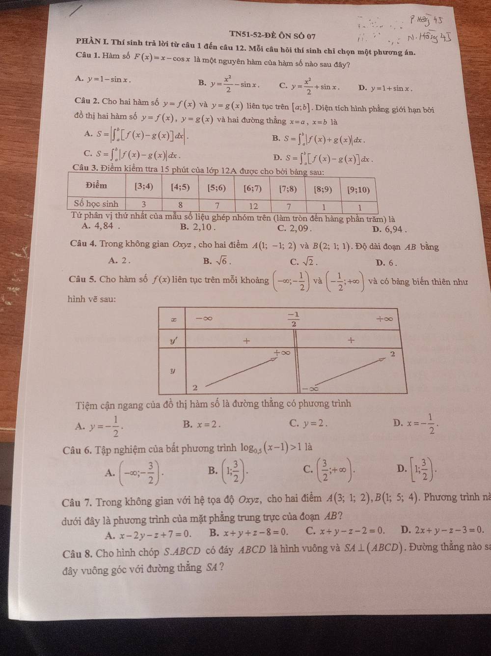 TN51-52-ĐÈ ÔN SÓ 07
PHÀN I. Thí sinh trả lời từ câu 1 đến câu 12. Mỗi câu hỏi thí sinh chỉ chọn một phương án.
Câu 1. Hàm số F(x)=x-cos x là một nguyên hàm của hàm số nào sau đây?
A. y=1-sin x. B. y= x^2/2 -sin x. C. y= x^2/2 +sin x. D. y=1+sin x.
Câu 2. Cho hai hàm số y=f(x) và y=g(x) liên tục trên [a;b]. Diện tích hình phẳng giới hạn bởi
đồ thị hai hàm số y=f(x),y=g(x) và hai đường thẳng x=a,x=b1?
A. S=|∈t _a^(b[f(x)-g(x)]dx|. B. S=∈t _a^b|f(x)+g(x)|dx.
C. S=∈t _a^b|f(x)-g(x)|dx.
D. S=∈t _a^b[f(x)-g(x)]dx.
Câu 3. Điểm kiểm ttra 15 phút của lớp 12A đ
mẫu số liệu ghép nhóm trên (làm tròn đến hàng phần trăm) là
A. 4, 84 . B. 2,10 . C. 2, 09 . D. 6,94 .
Câu 4. Trong không gian Oxyz , cho hai điểm A(1;-1;2) và B(2;1;1). Độ dài đoạn AB bằng
A. 2 . B. sqrt(6). C. sqrt 2). D. 6 .
Câu 5. Cho hàm số f(x) liên tục trên mỗi khoảng (-∈fty ;- 1/2 ) và (- 1/2 ;+∈fty ) và có bàng biến thiên như
hình vẽ sau:
Tiệm cận ngang của đồ thị hàm số là đường thẳng có phương trình
A. y=- 1/2 . x=- 1/2 .
B. x=2. C. y=2. D.
Câu 6. Tập nghiệm của bất phương trình log _0.5(x-1)>1 là
A. (-∈fty ;- 3/2 ). B. (1; 3/2 ). C. ( 3/2 ;+∈fty ). D. [1; 3/2 ).
Câu 7. Trong không gian với hệ tọa độ Oxyz, cho hai điểm A(3;1;2),B(1;5;4). Phương trình nà
đưới đây là phương trình của mặt phẳng trung trực của đoạn AB?
A. x-2y-z+7=0. B. x+y+z-8=0. C. x+y-z-2=0. D. 2x+y-z-3=0.
Câu 8. Cho hình chóp S.ABCD có đáy ABCD là hình vuông và SA⊥ (ABCD). Đường thẳng nào sa
đây vuông góc với đường thẳng SA ?