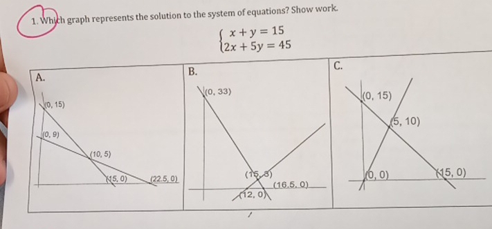 Which graph represents the solution to the system of equations? Show work.
beginarrayl x+y=15 2x+5y=45endarray.
A.
B.
C.
(0,15)
(0,9)
(10,5)
(15,0) _ (22.5,0)