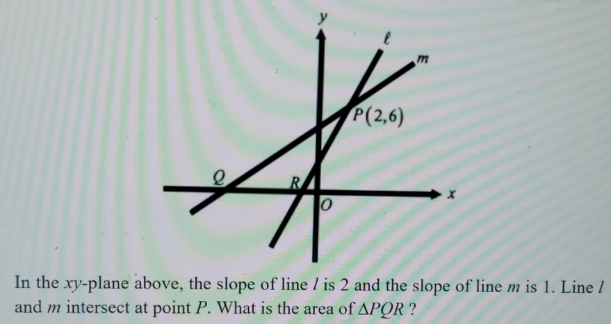 In the xy-plane aof line m is 1. Line /
and m intersect at point P. What is the area of △ PQR ?