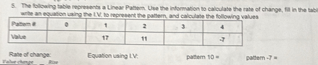 The following table represents a Linear Pattern. Use the information to calculate the rate of change, fill in the tabl 
wrile an equation using the I.V. to represent the pattern, and c 
Rate of change: Equation using I.V: pattern 10= pattern -7=
Value chœnge _Rise