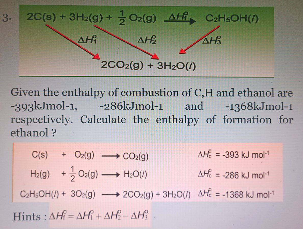 Given the enthalpy of combustion of C,H and ethanol are
-393kJmol-1, -286kJmol-1 and -136 8kJ moL---_ _ 
respectively. Calculate the enthalpy of formation for
ethanol ?
C(s)+O_2(g)to CO_2(g)
△ H_c^((circ)=-393kJmol^-1)
H_2(g)+ 1/2 O_2(g)to H_2O(l)
△ H_c^(0=-286kJmol^-1)
C_2H_5OH(l)+3O_2(g)to 2CO_2(g)+3H_2O(l)△ H_c^(0=-1368kJmol^-1)
Hints : △ H_f^0=△ H_1^0+△ H_2^0-△ H_3^0.