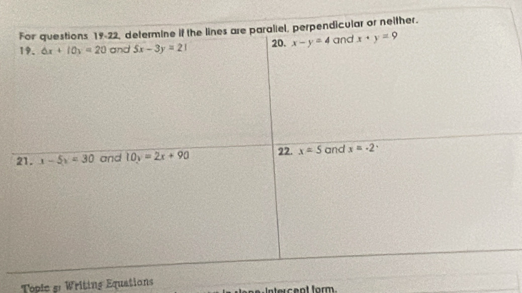 Tople 5: Writins Equations
ntercent form.