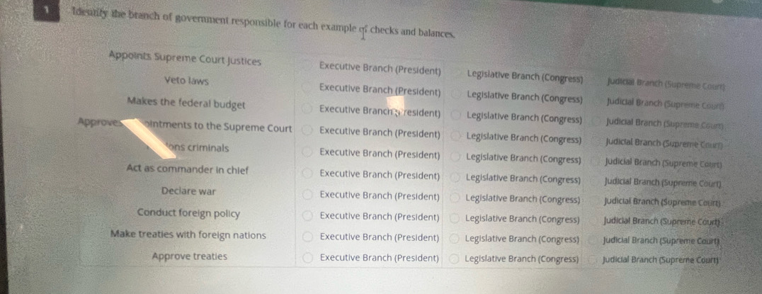 Identity the branch of government responsible for each example of checks and balances.
Appoints Supreme Court Justices Executive Branch (President) Legislative Branch (Congress) Judicial Branch (Supreme Court)
Veto laws Executive Branch (President) Legislative Branch (Congress) Judicial Branch (Supreme Court)
Makes the federal budget Executive Branch a resident) Legislative Branch (Congress) Judicial Branch (Supzeme Court)
Approves intments to the Supreme Court Executive Branch (President) Legislative Branch (Congress) Judicial Branch (Supreme Cour)
ons criminals Executive Branch (President) Legislative Branch (Congress) Judicial Branch (Supreme Court)
Act as commander in chief Executive Branch (President) Legislative Branch (Congress) Judicial Branch (Supreme Court)
Declare war Executive Branch (President) Legislative Branch (Congress) Judicial Branch (Supreme Court)
Conduct foreign policy Executive Branch (President) Legislative Branch (Congress) Judicial Branch (Supreme Court)
Make treaties with foreign nations Executive Branch (President) Legislative Branch (Congress) Judicial Branch (Supreme Court)
Approve treaties Executive Branch (President) Legislative Branch (Congress) Judicial Branch (Supreme Court)