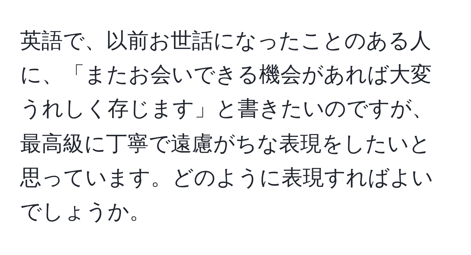 英語で、以前お世話になったことのある人に、「またお会いできる機会があれば大変うれしく存じます」と書きたいのですが、最高級に丁寧で遠慮がちな表現をしたいと思っています。どのように表現すればよいでしょうか。