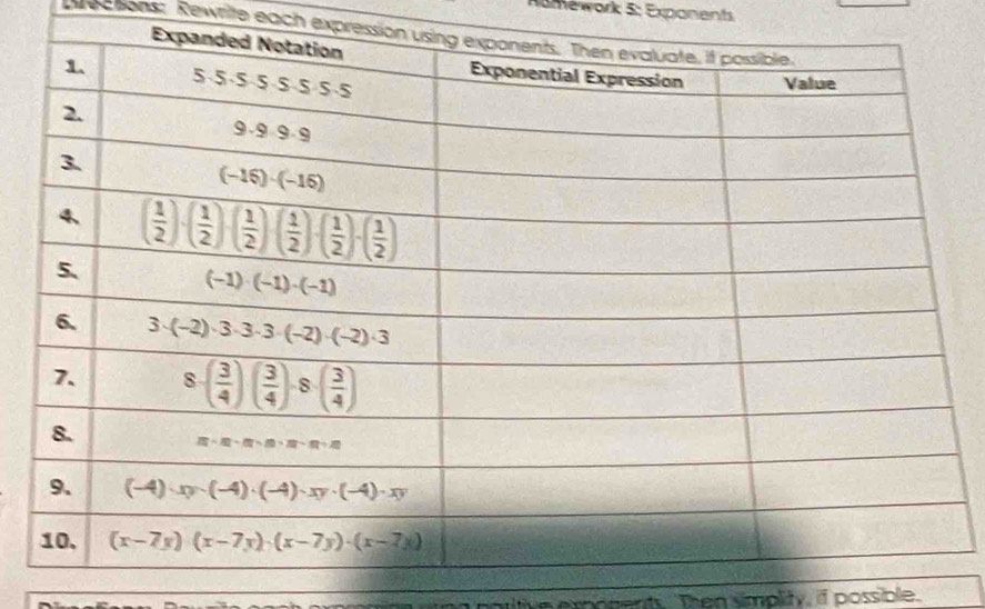 omework 5: Exponents
Brections: Rewrite each expressi
a ritive expogents. Then simplity, if possible.