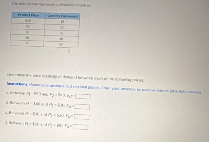 Solved: The data below represent a demand schedule Determine the price ...