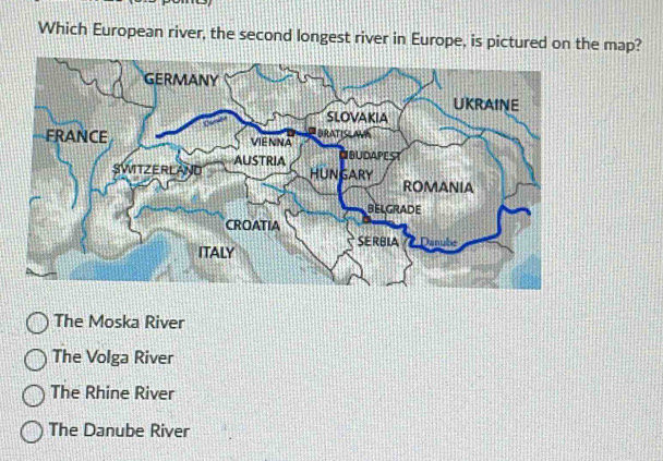 Which European river, the second longest river in Europe, is pictured on the map?
The Moska River
The Volga River
The Rhine River
The Danube River