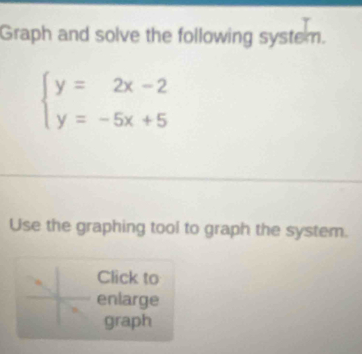 Graph and solve the following system.
beginarrayl y=2x-2 y=-5x+5endarray.
Use the graphing tool to graph the system. 
Click to 
enlarge 
graph