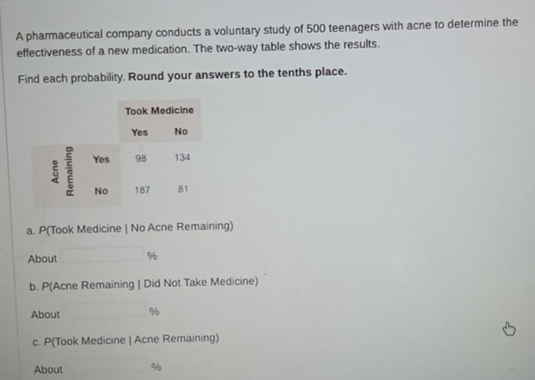 A pharmaceutical company conducts a voluntary study of 500 teenagers with acne to determine the 
effectiveness of a new medication. The two-way table shows the results. 
Find each probability. Round your answers to the tenths place. 
a. P(Took Medicine | No Acne Remaining) 
About _ %
b. P(Acne Remaining | Did Not Take Medicine) 
About %
c. P(Took Medicine | Acne Remaining) 
About %