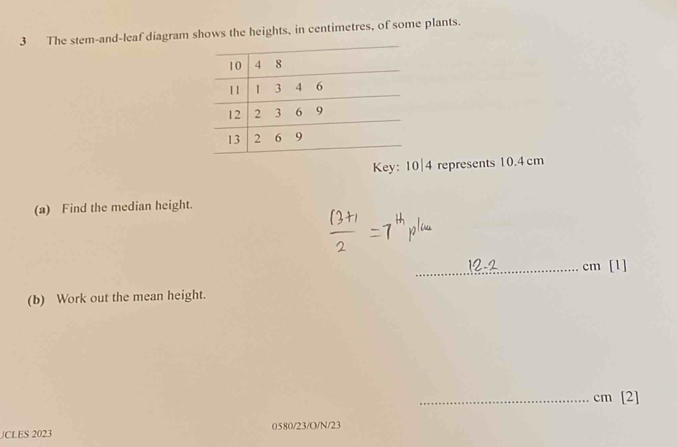 The stem-and-leaf diagram shows the heights, in centimetres, of some plants. 
Key: 10| 4 represents 10.4 cm
(a) Find the median height.
_ cm [1] 
(b) Work out the mean height. 
_ cm [2] 
JCLES 2023 0580/23/O/N/23