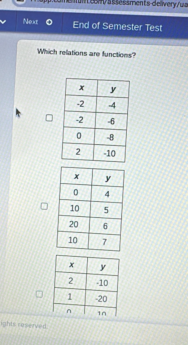 Next End of Semester Test 
Which relations are functions? 
ights reserved.