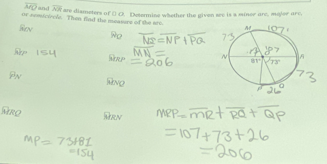 overline MQ and overline NR are diameters of ⊥ O. Determine whether the given arc is a minor arc, major arc,
or semicircle. Then find the measure of the arc.