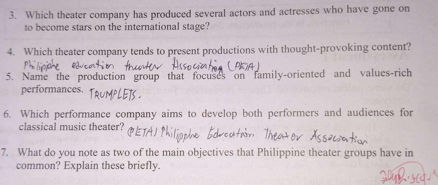 Which theater company has produced several actors and actresses who have gone on 
to become stars on the international stage? 
4. Which theater company tends to present productions with thought-provoking content? 
5. Name the production group that focuses on family-oriented and values-rich 
performances. 
6. Which performance company aims to develop both performers and audiences for 
classical music theater? 
7. What do you note as two of the main objectives that Philippine theater groups have in 
common? Explain these briefly.